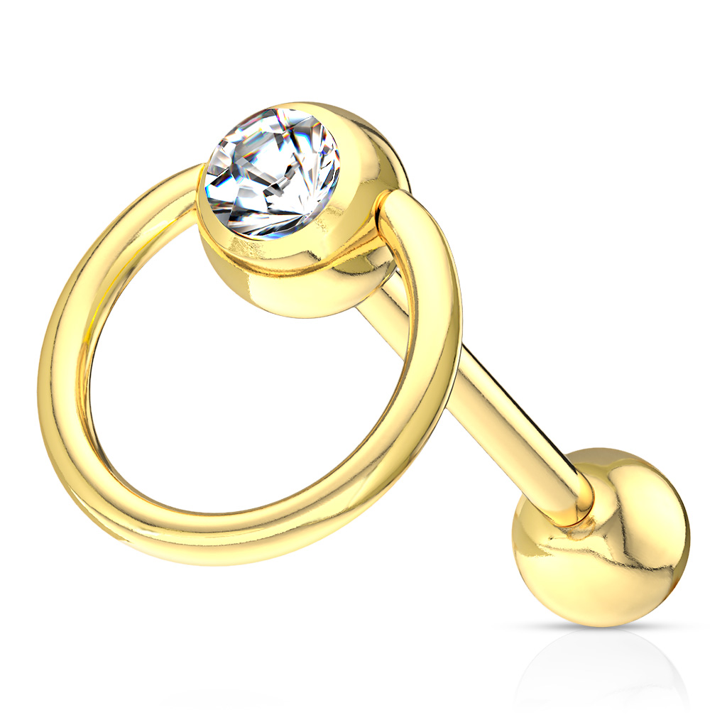 Piercing per lingua placcato oro con anello e pietra trasparente