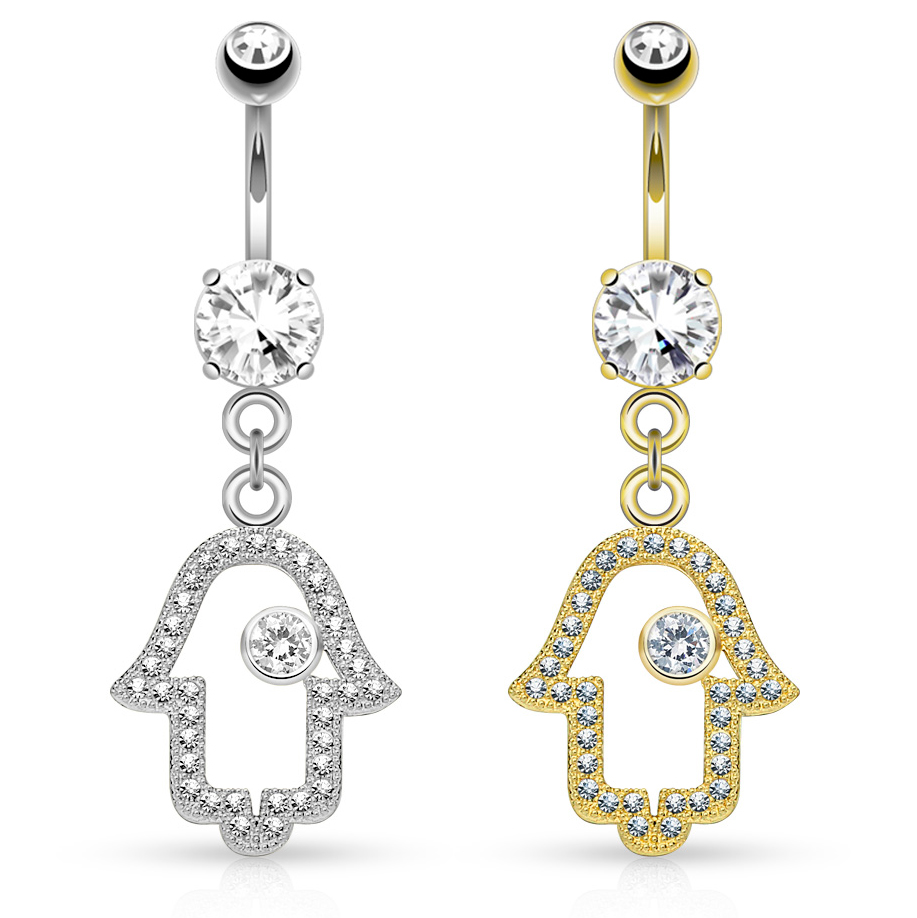 Piercing all'ombelico d'oro 14 carati con mano hamsa tempestata di pietre
