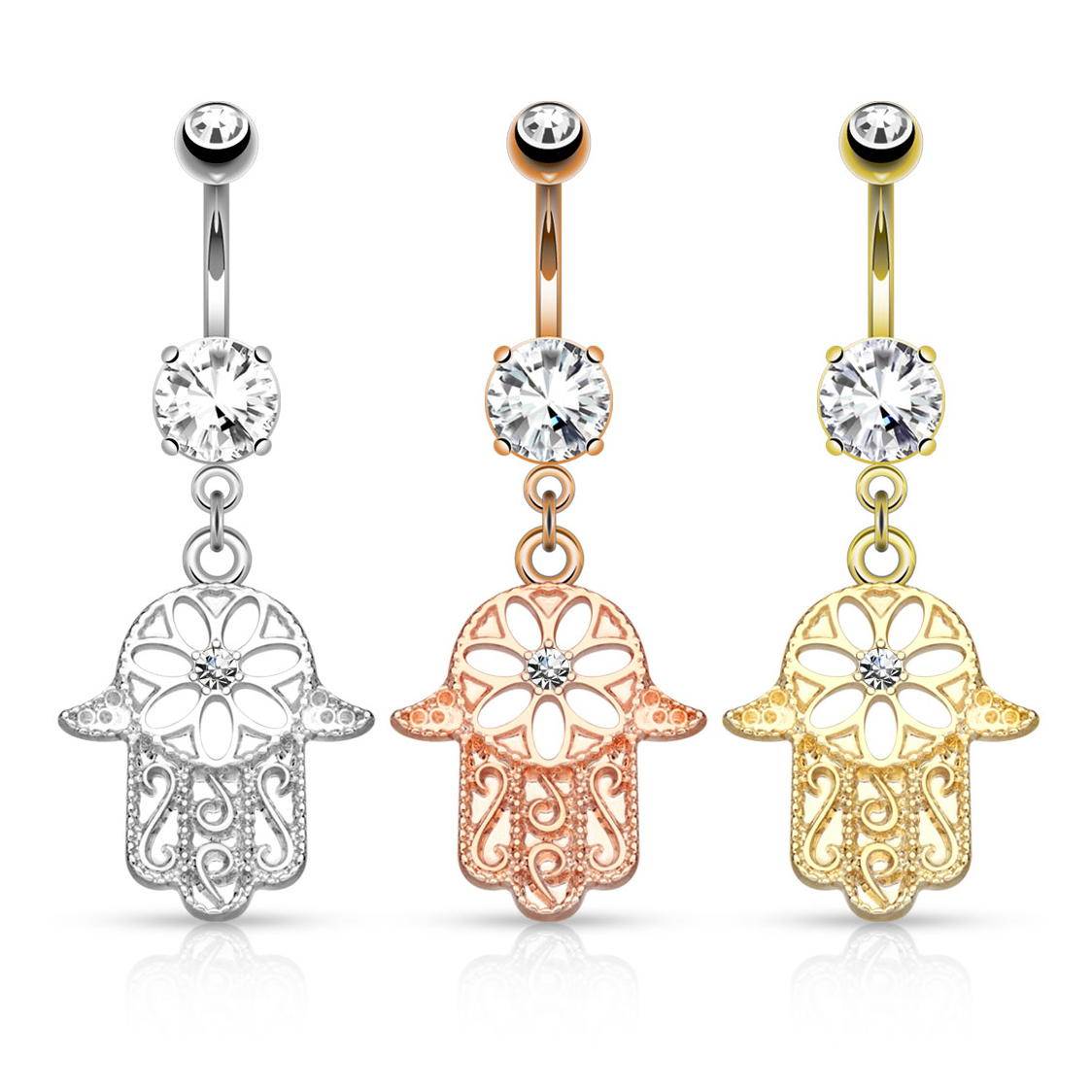 Piercing all'ombelico con pendente a hamsa e pietra