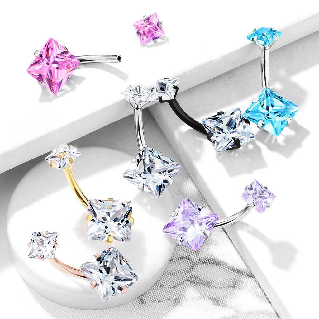 Piercing all'ombelico con pietre quadrate e filettatura interna