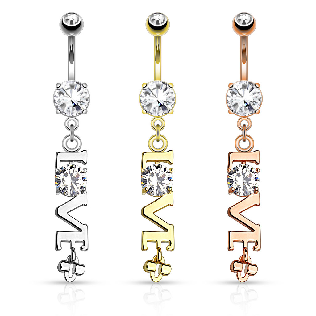 Piercing all'ombelico con pendente love e pietra