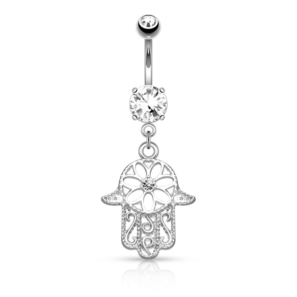 Piercing all'ombelico con pendente a hamsa e pietra