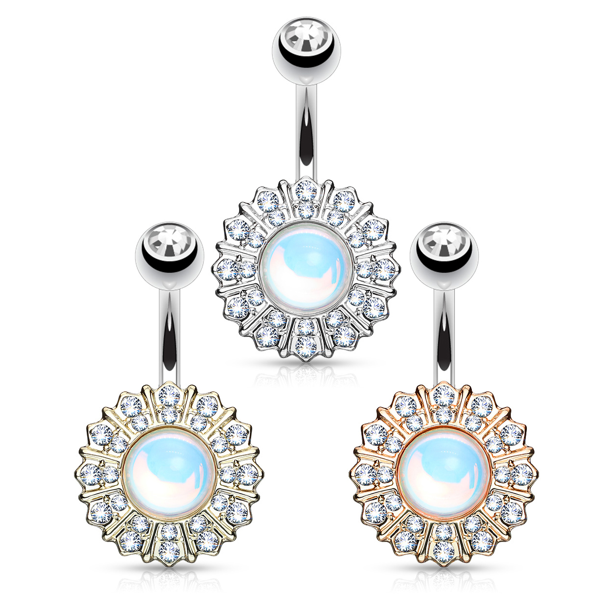 Piercing all'ombelico con fiore e pietra centrale riflettente