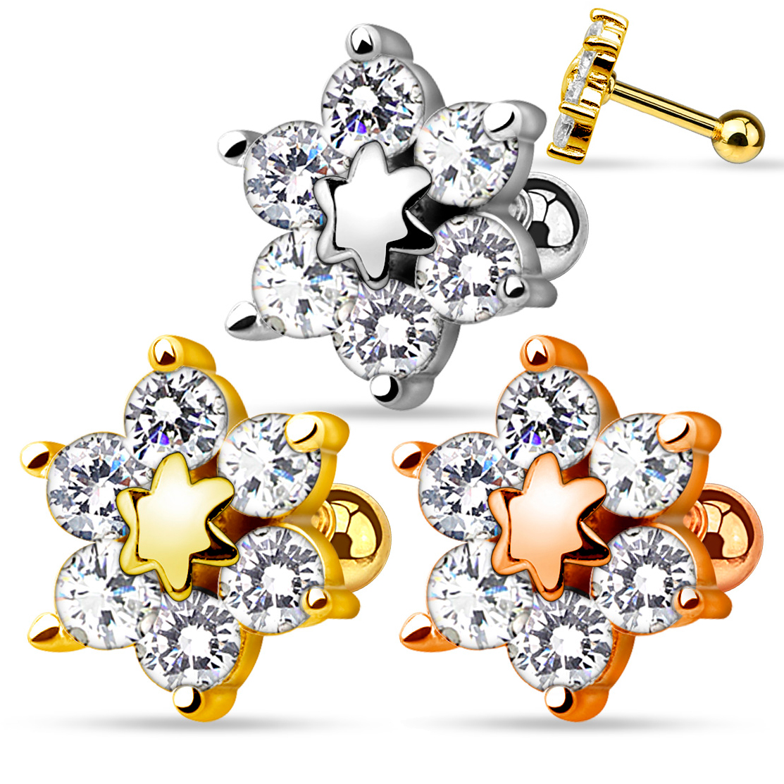 Piercing all'orecchio con fiore e pietre incastonate